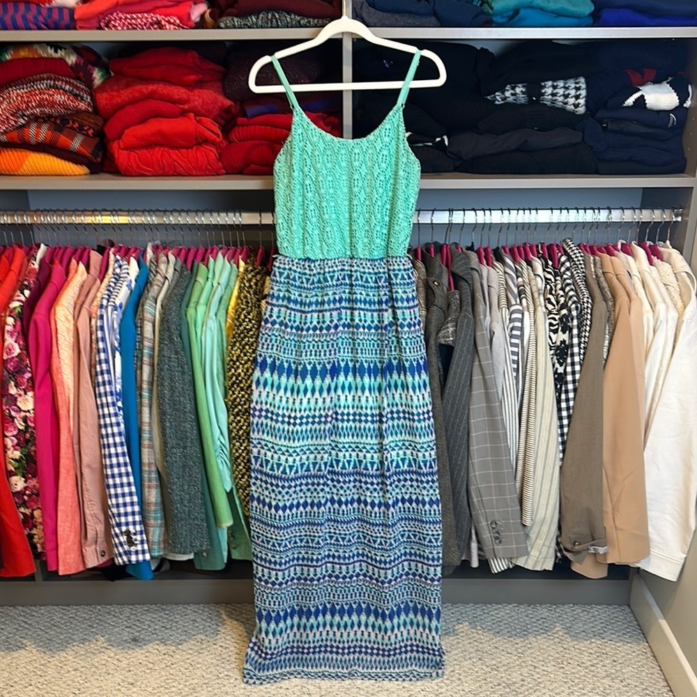 Maurices mint/navy/pink print adjustable strap elastic waistband maxi dress S